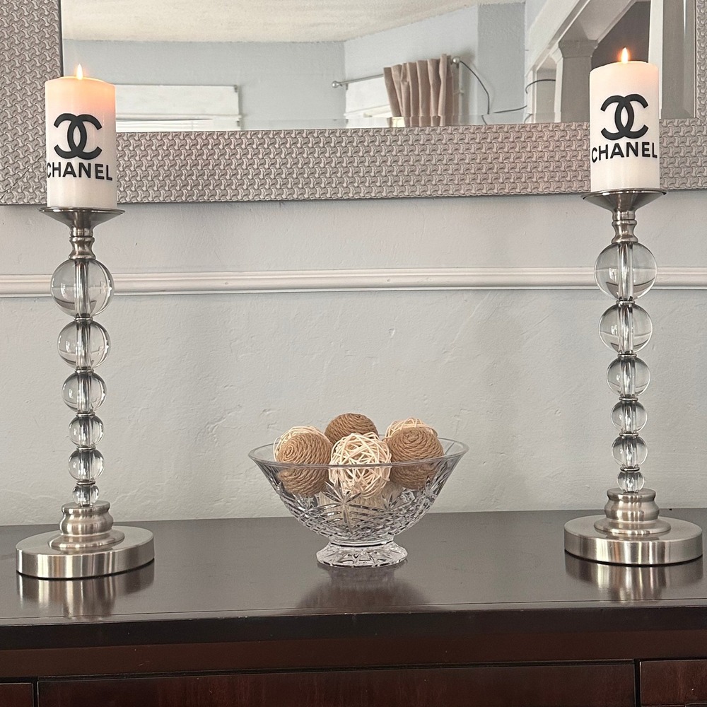 16" Tall Glass Orb Pillar Candle Holders Brushed Nickel Heavy Set 2